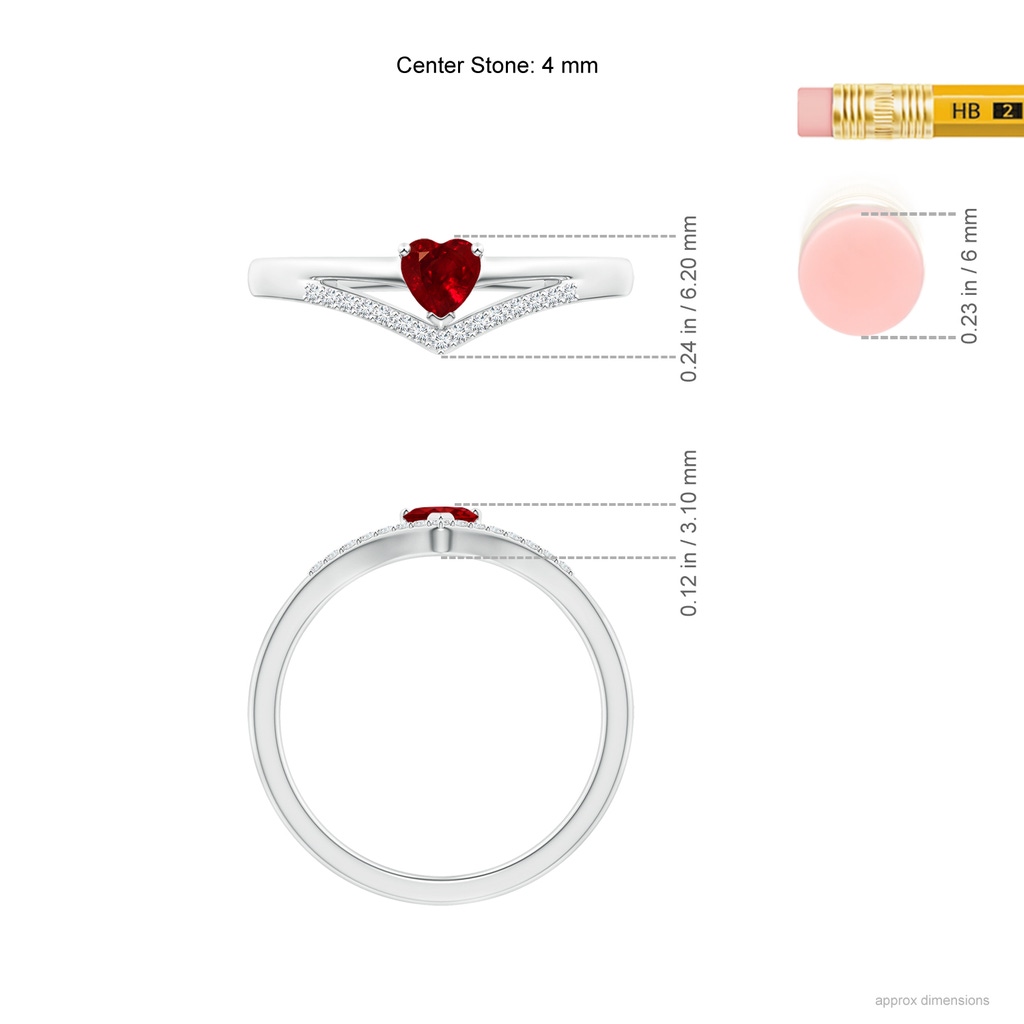 4mm AAAA Solitaire Heart Ruby and Diamond Chevron Ring in S999 Silver Ruler