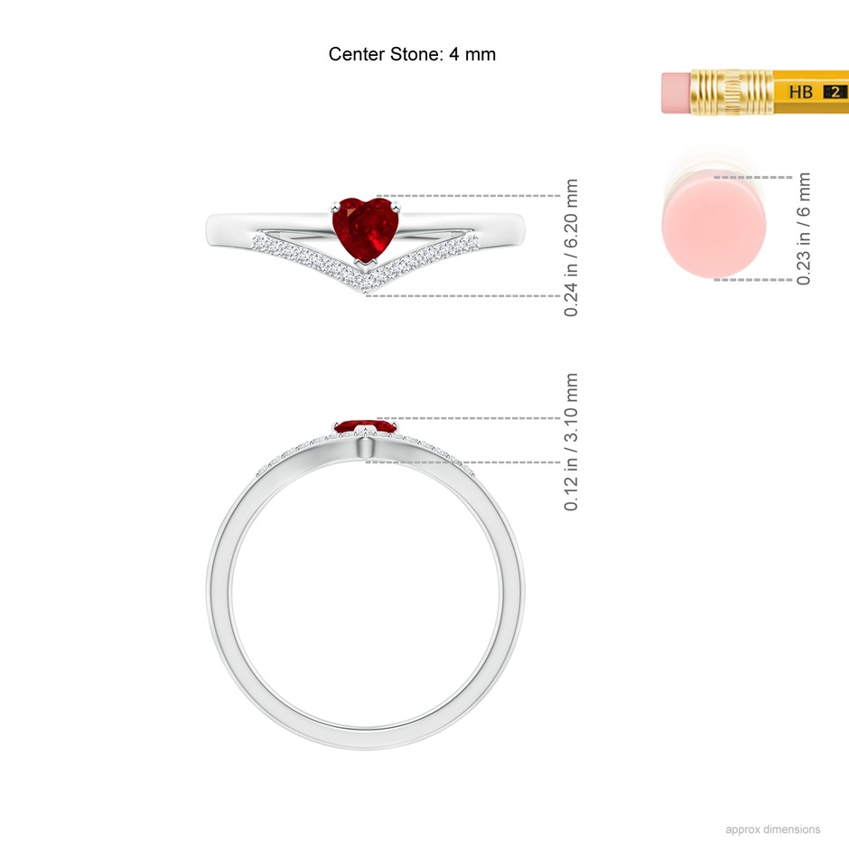 4mm AAAA Solitaire Heart Ruby and Diamond Chevron Ring in S999 Silver ruler