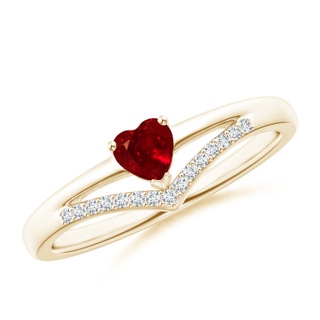 4mm AAAA Solitaire Heart Ruby and Diamond Chevron Ring in Yellow Gold