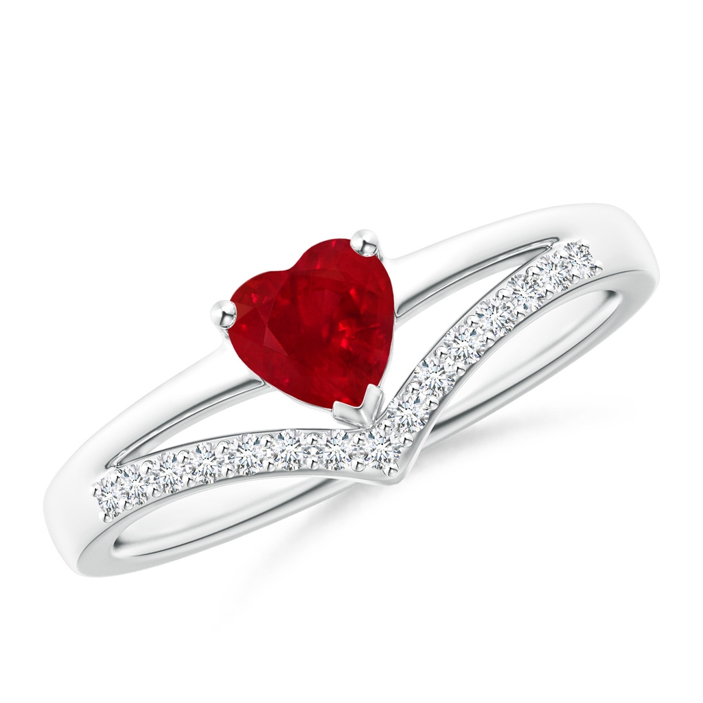 5mm AAA Solitaire Heart Ruby and Diamond Chevron Ring in White Gold