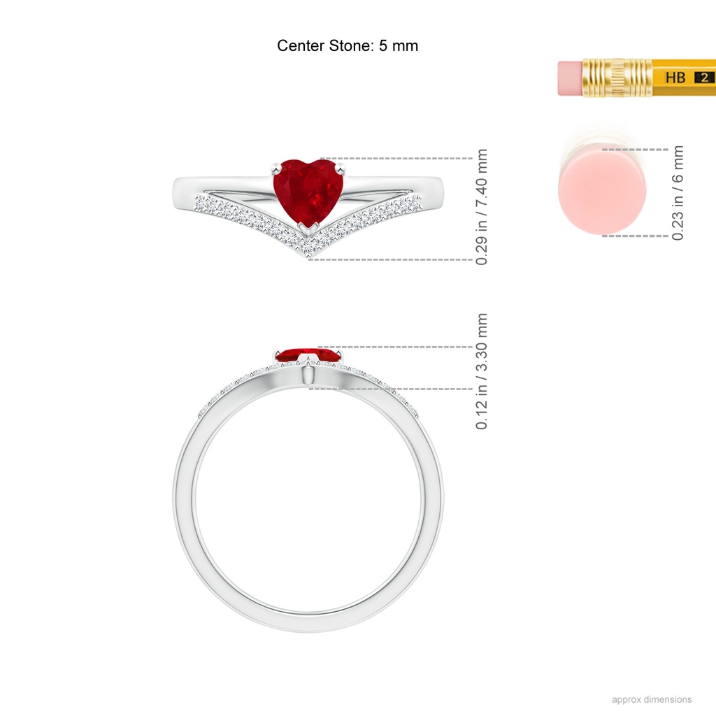 5mm AAA Solitaire Heart Ruby and Diamond Chevron Ring in White Gold Ruler