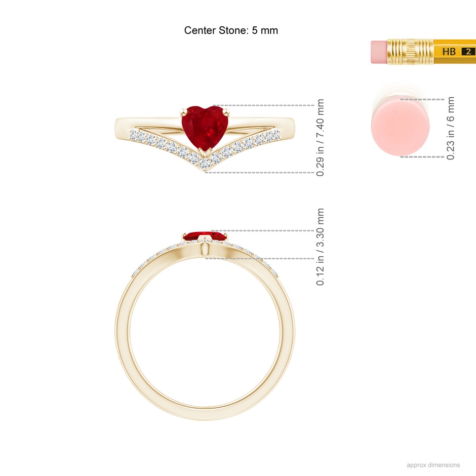 5mm AAA Solitaire Heart Ruby and Diamond Chevron Ring in Yellow Gold ruler