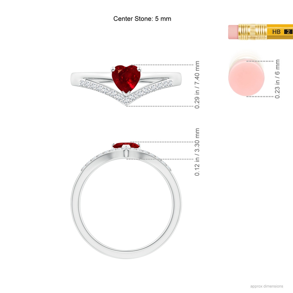 5mm AAAA Solitaire Heart Ruby and Diamond Chevron Ring in 10K White Gold ruler