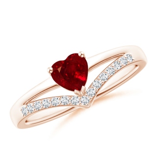 5mm AAAA Solitaire Heart Ruby and Diamond Chevron Ring in Rose Gold