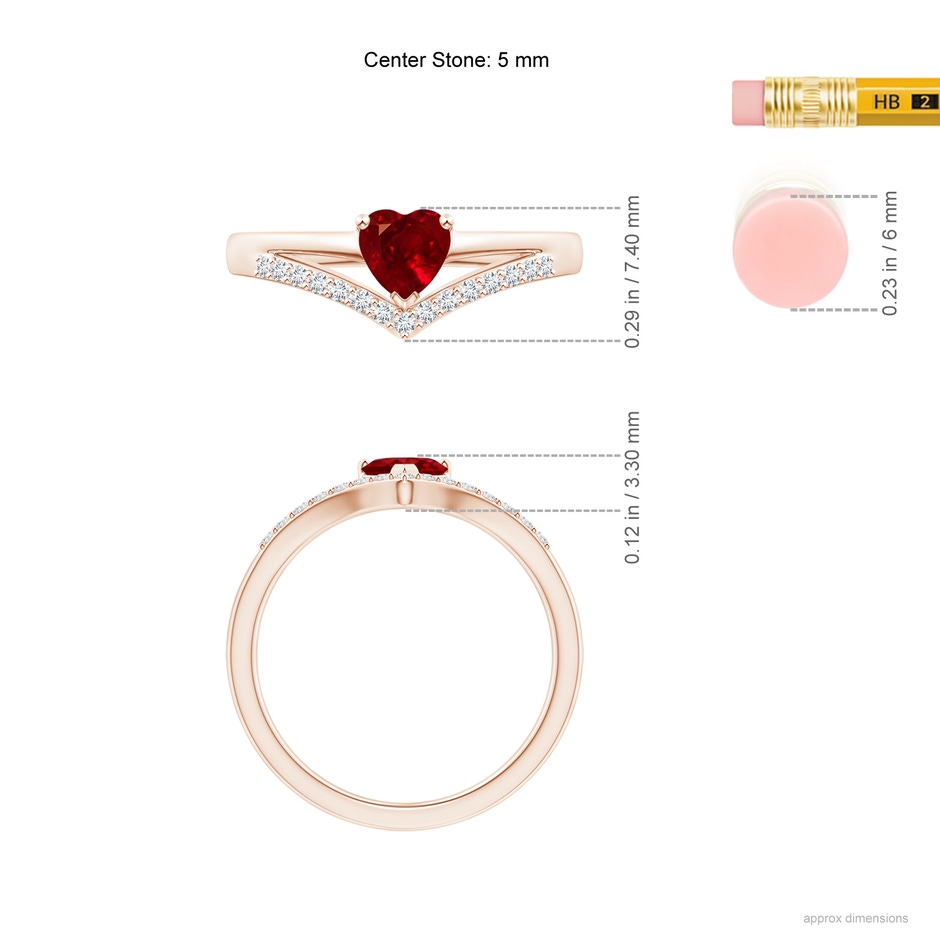 5mm AAAA Solitaire Heart Ruby and Diamond Chevron Ring in Rose Gold ruler
