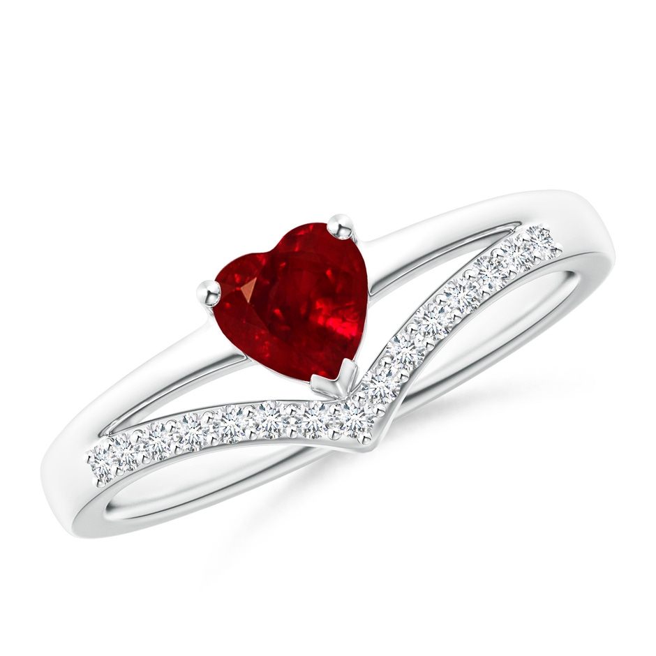 5mm AAAA Solitaire Heart Ruby and Diamond Chevron Ring in White Gold 