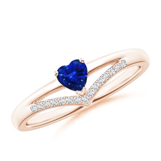 4mm AAAA Solitaire Heart Sapphire and Diamond Chevron Ring in 9K Rose Gold