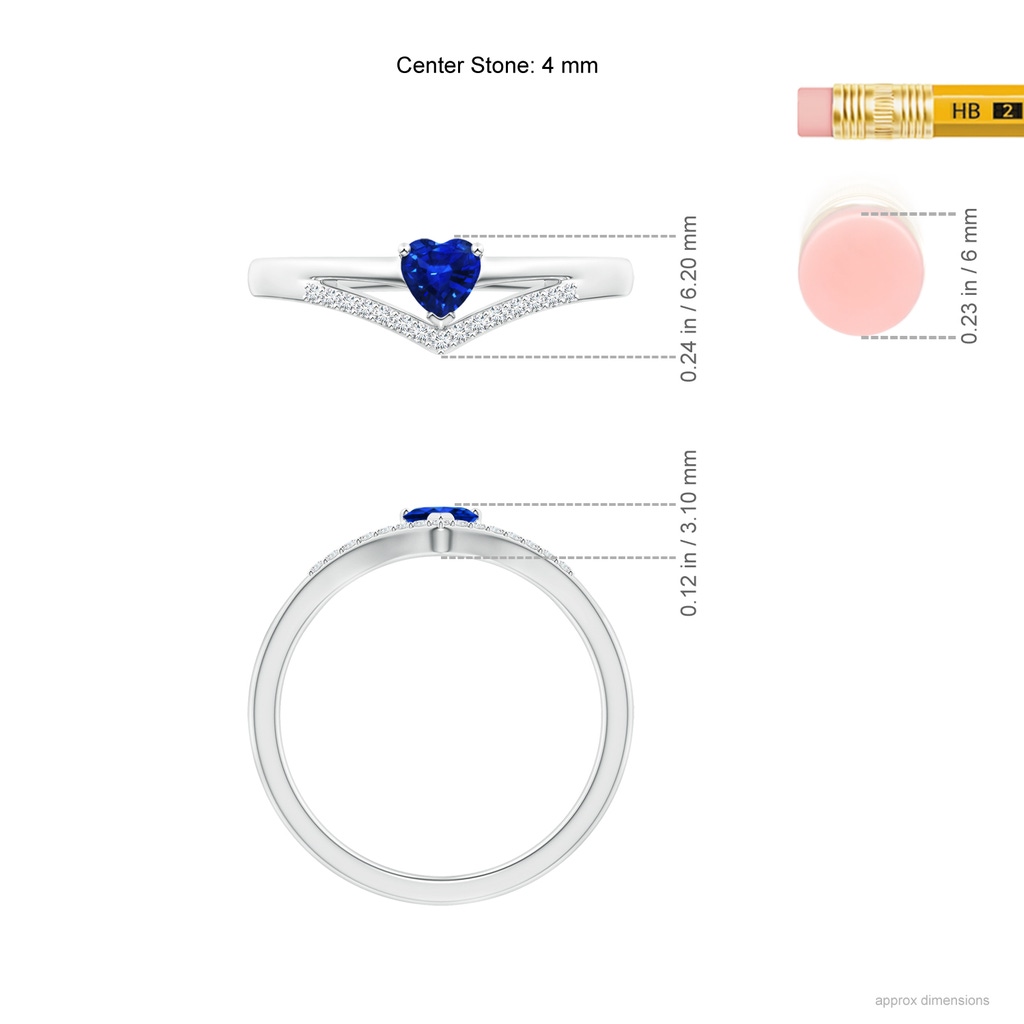 4mm AAAA Solitaire Heart Sapphire and Diamond Chevron Ring in S999 Silver Ruler