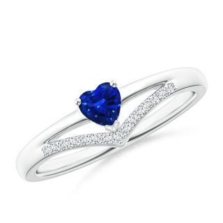 4mm AAAA Solitaire Heart Sapphire and Diamond Chevron Ring in White Gold