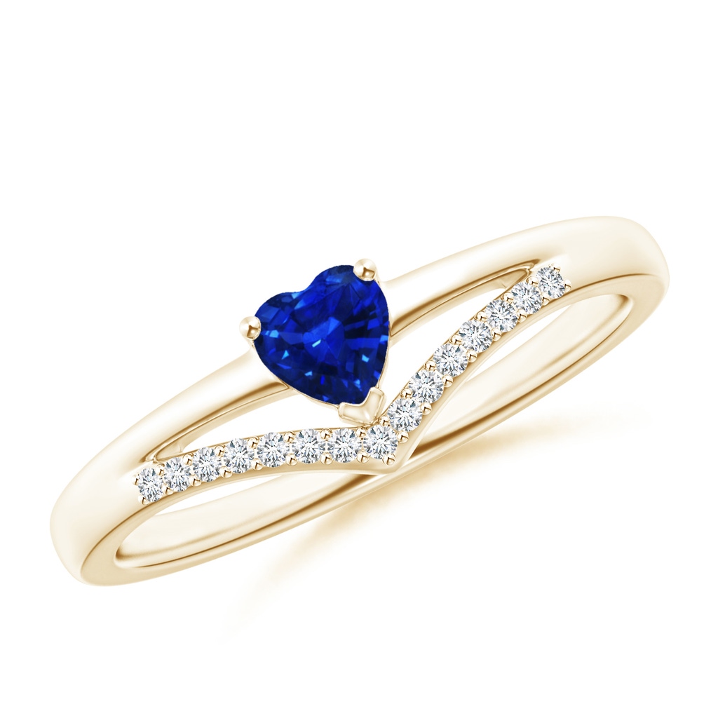 4mm AAAA Solitaire Heart Sapphire and Diamond Chevron Ring in Yellow Gold