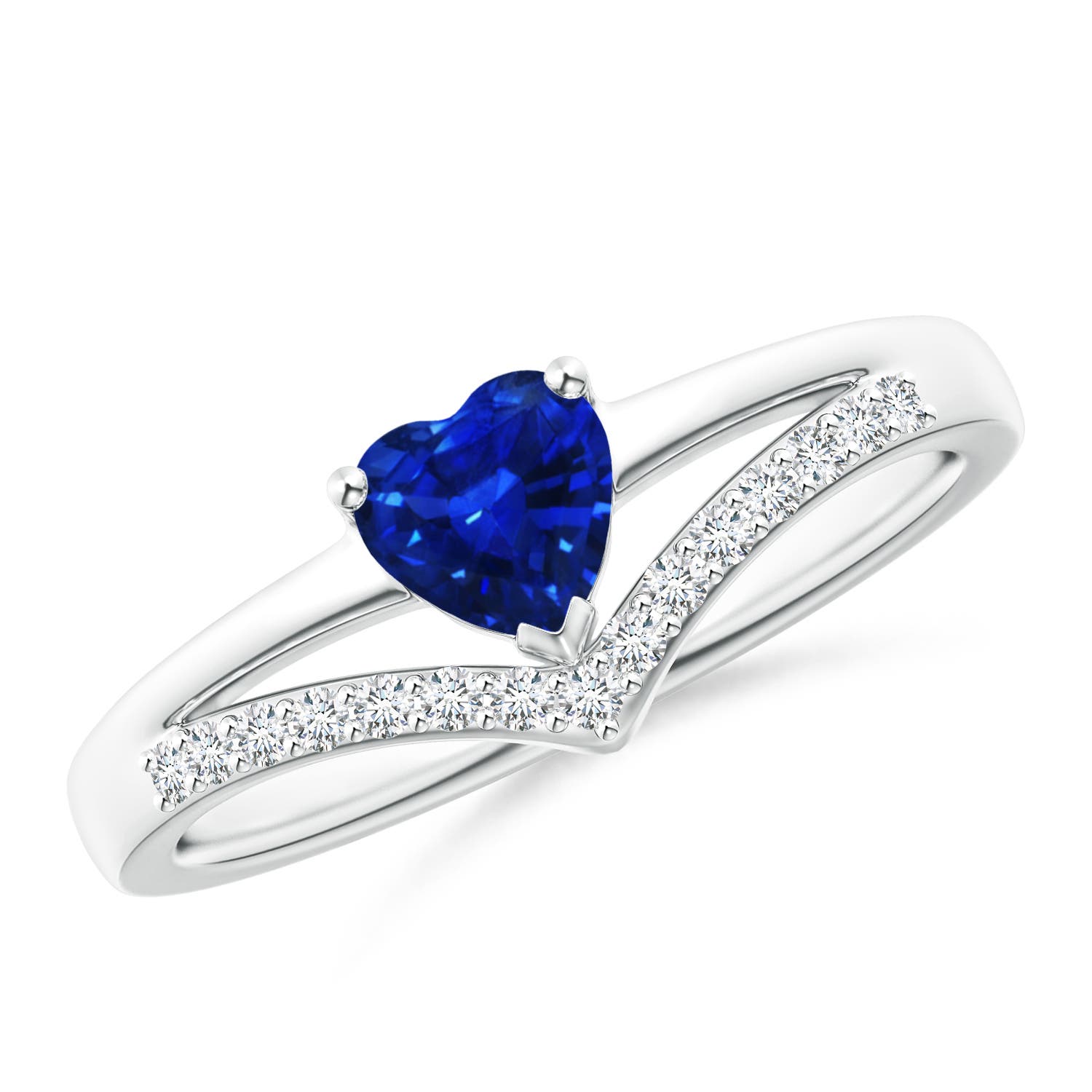 Solitaire Heart Sapphire and Diamond Chevron Ring | Angara