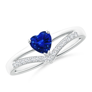 5mm AAAA Solitaire Heart Sapphire and Diamond Chevron Ring in White Gold