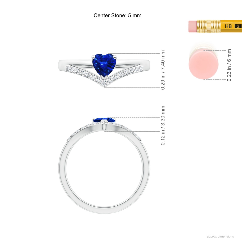 5mm AAAA Solitaire Heart Sapphire and Diamond Chevron Ring in White Gold Ruler