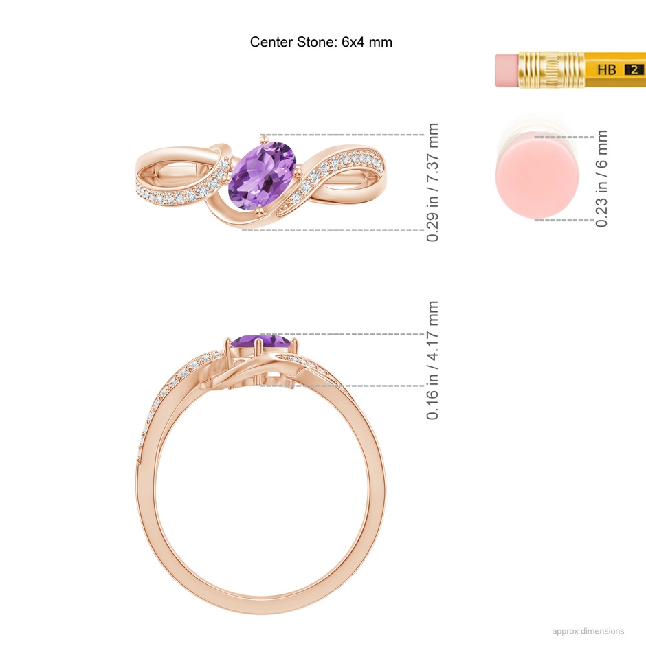 6x4mm A Solitaire Oval Amethyst Twisted Ribbon Ring with Pavé Diamond Accents in Rose Gold ruler