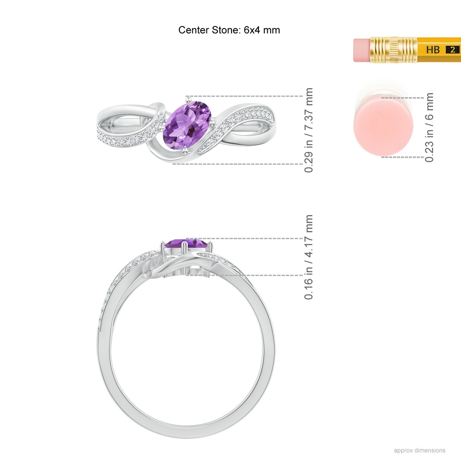 6x4mm A Solitaire Oval Amethyst Twisted Ribbon Ring with Pavé Diamond Accents in White Gold ruler