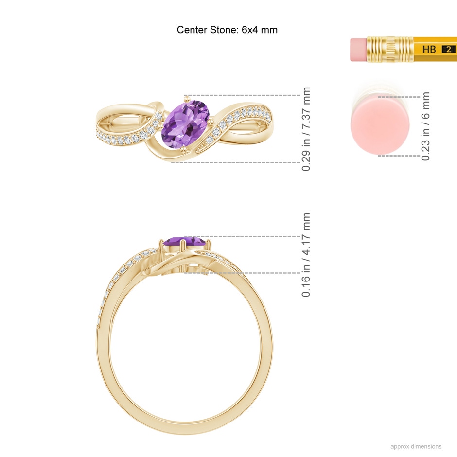 6x4mm A Solitaire Oval Amethyst Twisted Ribbon Ring with Pavé Diamond Accents in Yellow Gold ruler