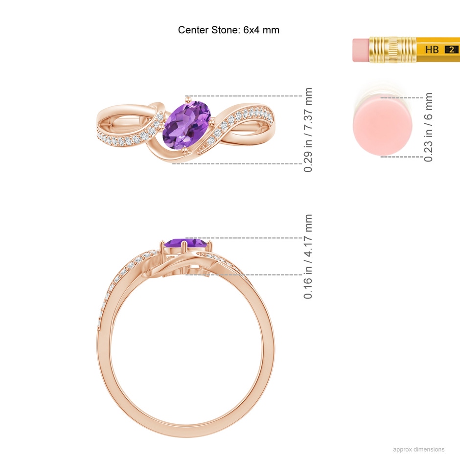 6x4mm AA Solitaire Oval Amethyst Twisted Ribbon Ring with Pavé Diamond Accents in Rose Gold ruler