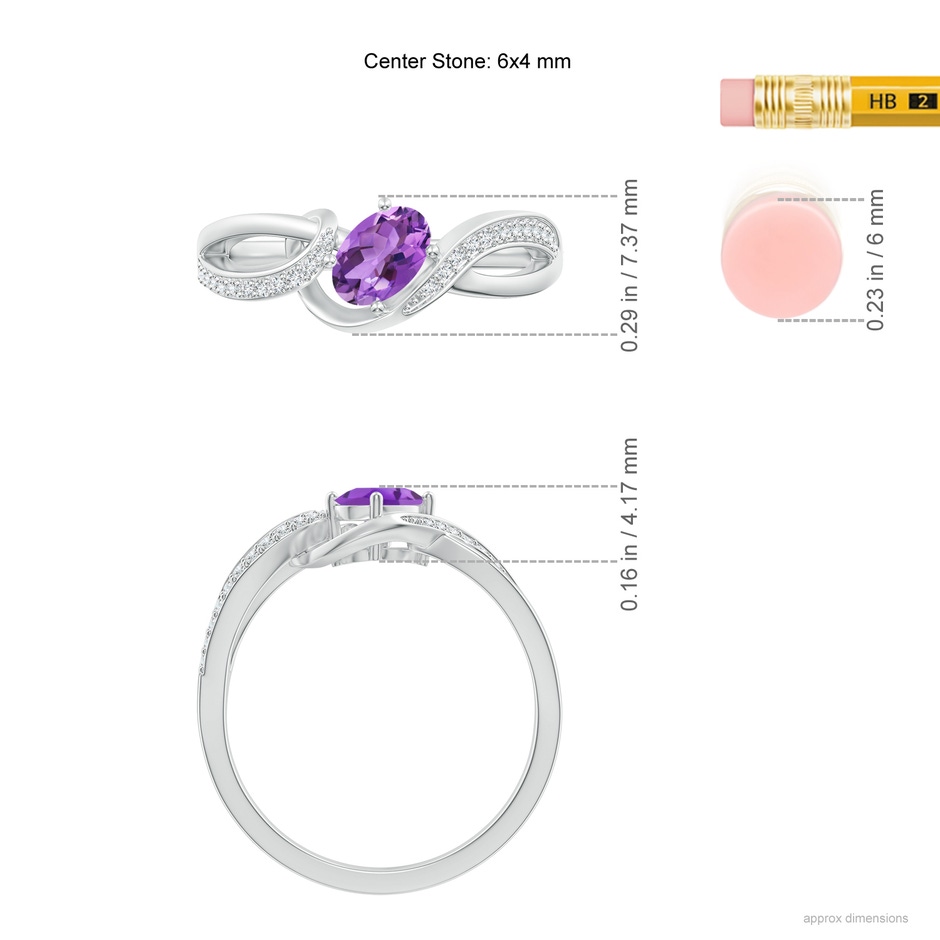 6x4mm AA Solitaire Oval Amethyst Twisted Ribbon Ring with Pavé Diamond Accents in White Gold ruler