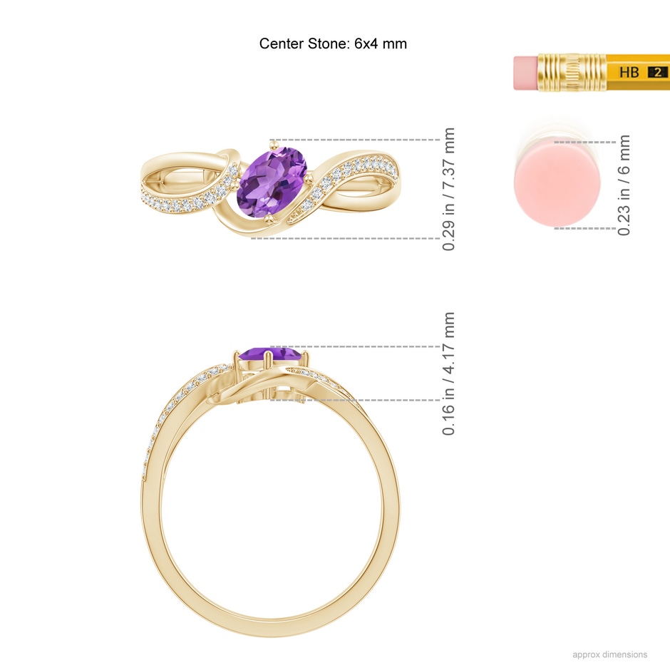 6x4mm AA Solitaire Oval Amethyst Twisted Ribbon Ring with Pavé Diamond Accents in Yellow Gold ruler