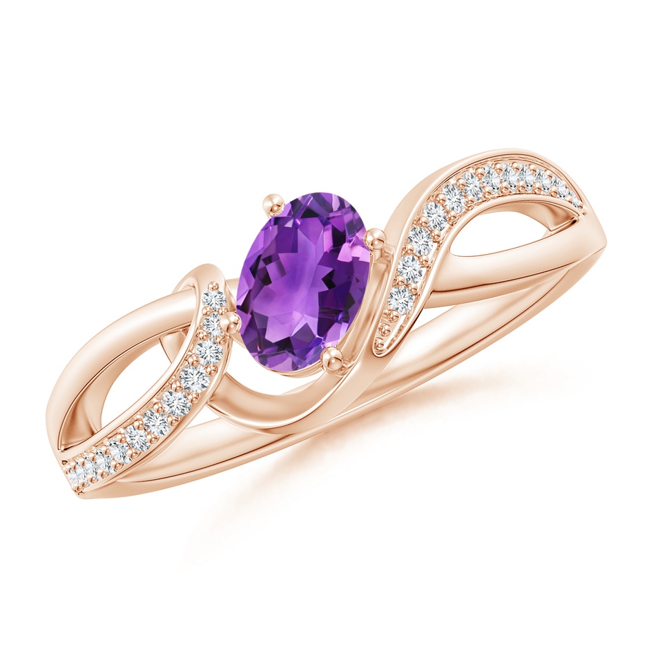 6x4mm AAA Solitaire Oval Amethyst Twisted Ribbon Ring with Pavé Diamond Accents in Rose Gold 