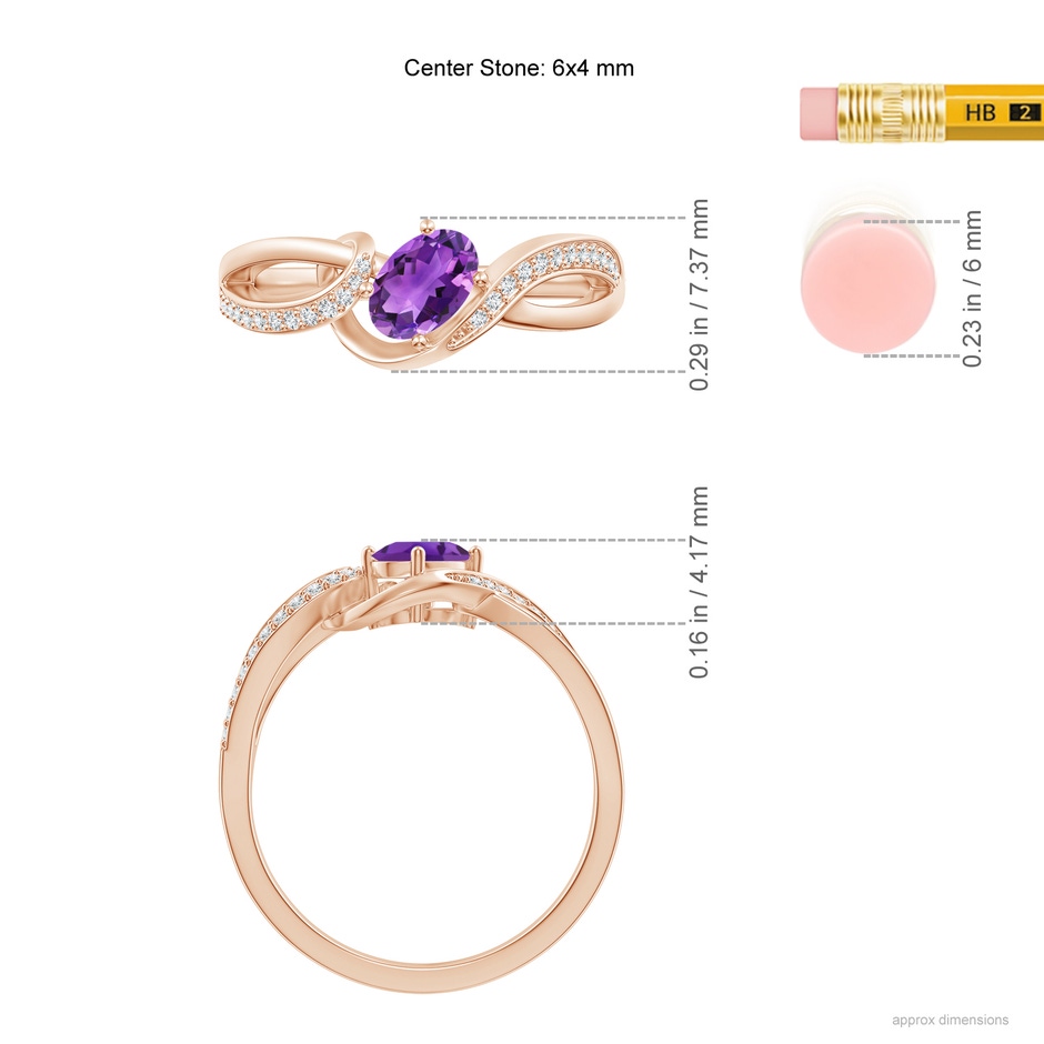 6x4mm AAA Solitaire Oval Amethyst Twisted Ribbon Ring with Pavé Diamond Accents in Rose Gold ruler