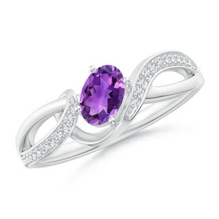 6x4mm AAA Solitaire Oval Amethyst Twisted Ribbon Ring with Pavé Diamond Accents in White Gold