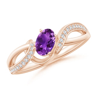 6x4mm AAAA Solitaire Oval Amethyst Twisted Ribbon Ring with Pavé Diamond Accents in Rose Gold
