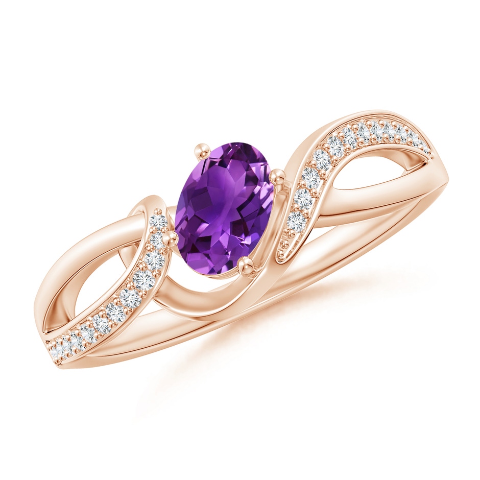 6x4mm AAAA Solitaire Oval Amethyst Twisted Ribbon Ring with Pavé Diamond Accents in Rose Gold 