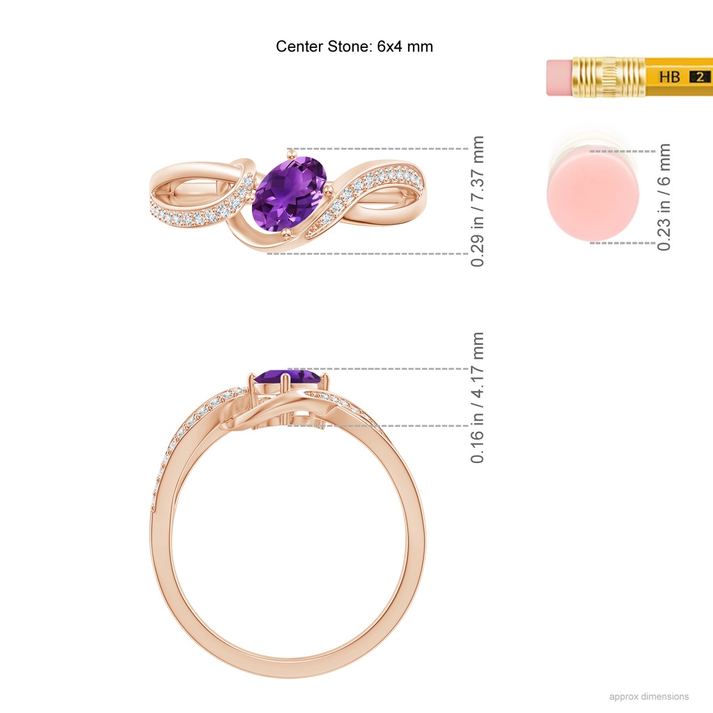 6x4mm AAAA Solitaire Oval Amethyst Twisted Ribbon Ring with Pavé Diamond Accents in Rose Gold Ruler