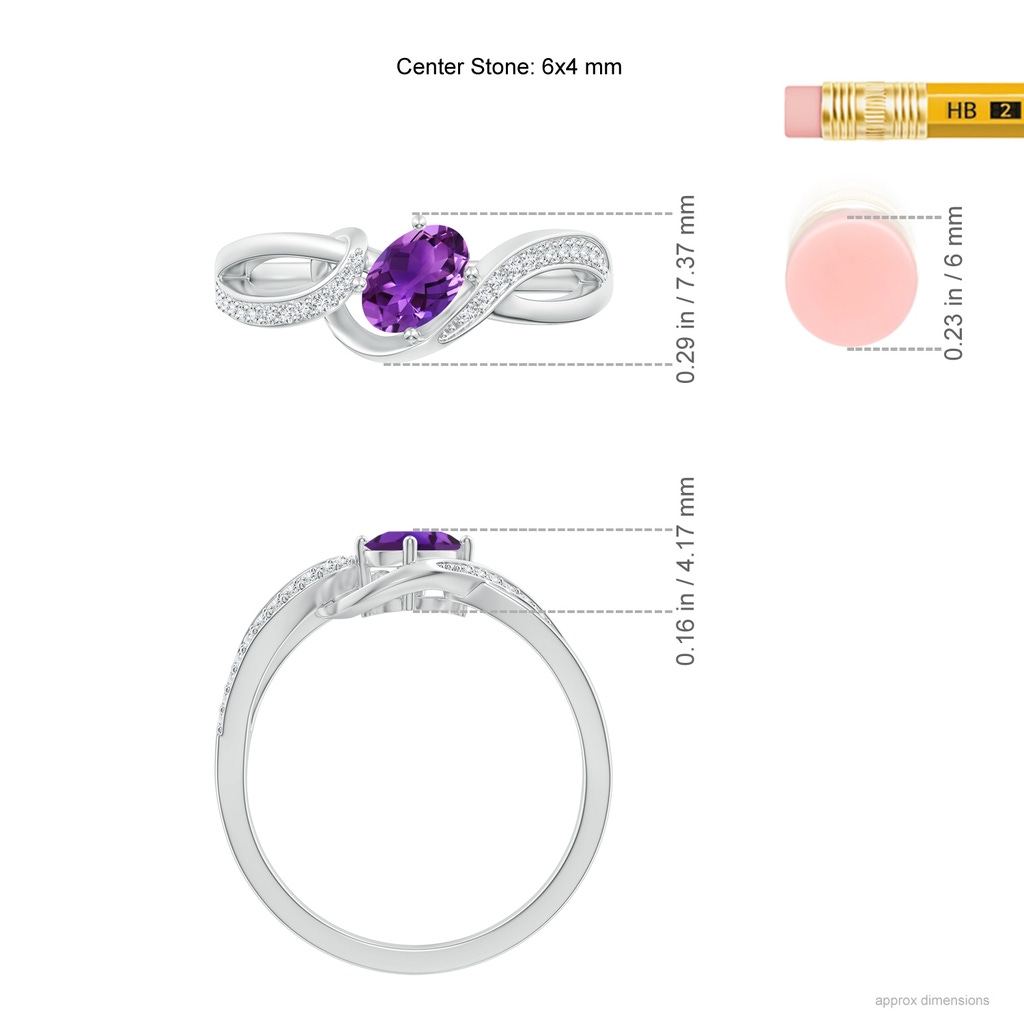 6x4mm AAAA Solitaire Oval Amethyst Twisted Ribbon Ring with Pavé Diamond Accents in White Gold Ruler