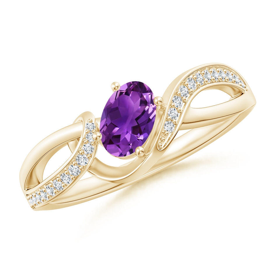 6x4mm AAAA Solitaire Oval Amethyst Twisted Ribbon Ring with Pavé Diamond Accents in Yellow Gold 