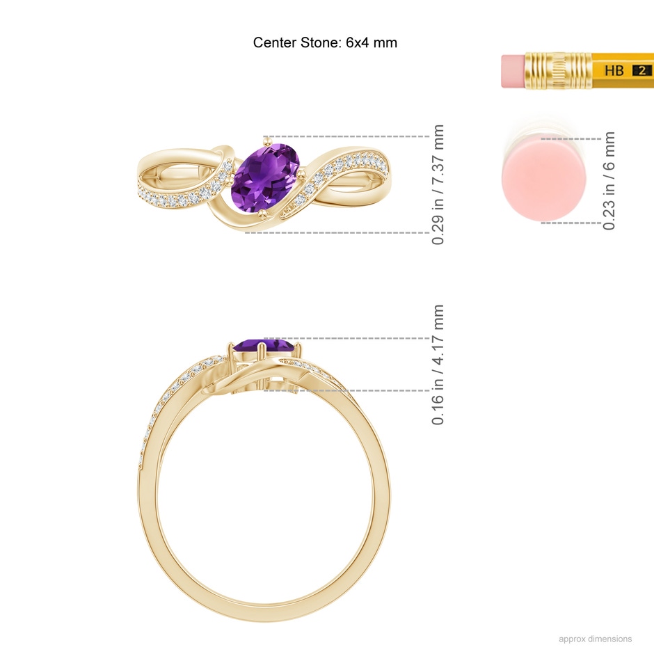 6x4mm AAAA Solitaire Oval Amethyst Twisted Ribbon Ring with Pavé Diamond Accents in Yellow Gold ruler