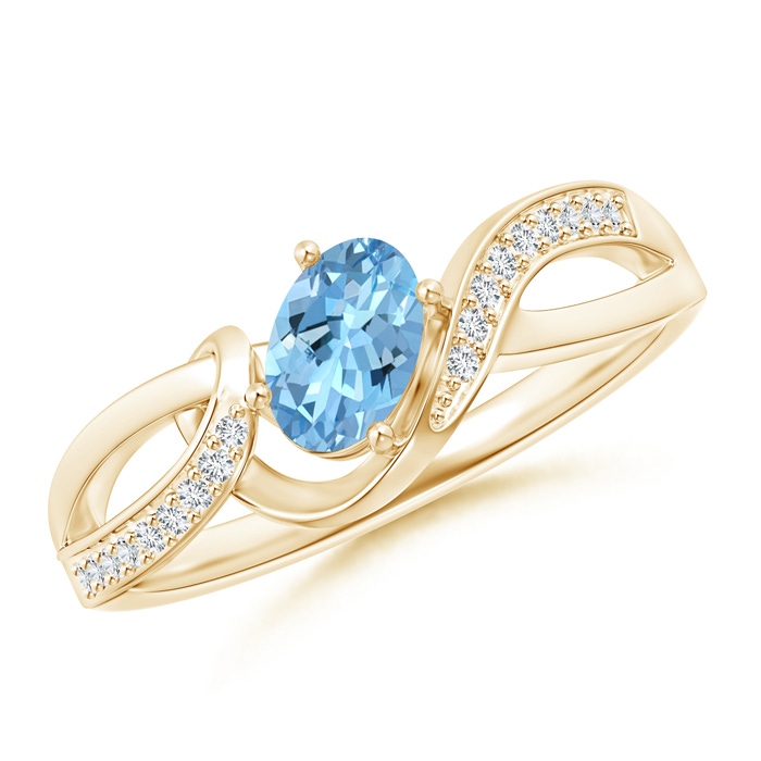 6x4mm AAAA Solitaire Oval Aquamarine Twisted Ribbon Ring with Pavé Diamond Accents in Yellow Gold