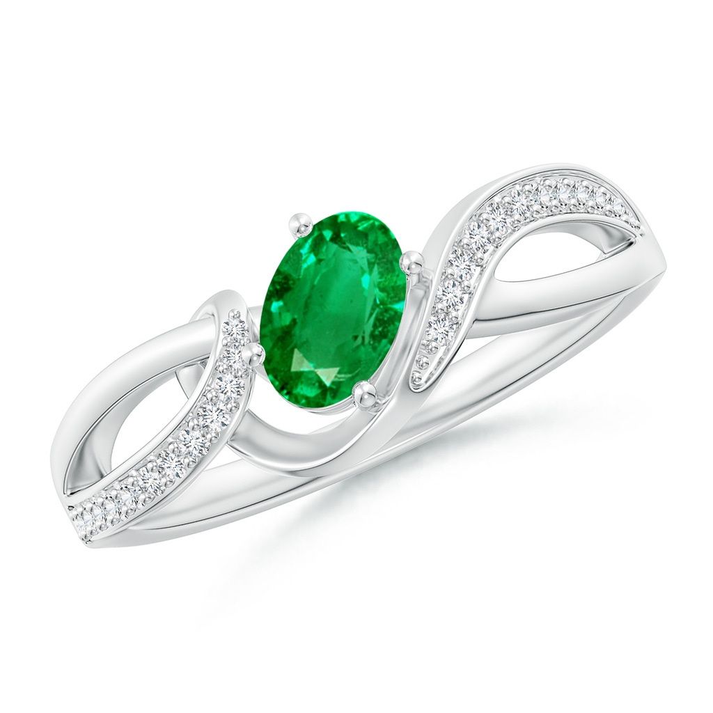 6x4mm AAA Solitaire Oval Emerald Twisted Ribbon Ring with Pavé Diamond Accents in White Gold