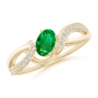 6x4mm AAA Solitaire Oval Emerald Twisted Ribbon Ring with Pavé Diamond Accents in Yellow Gold