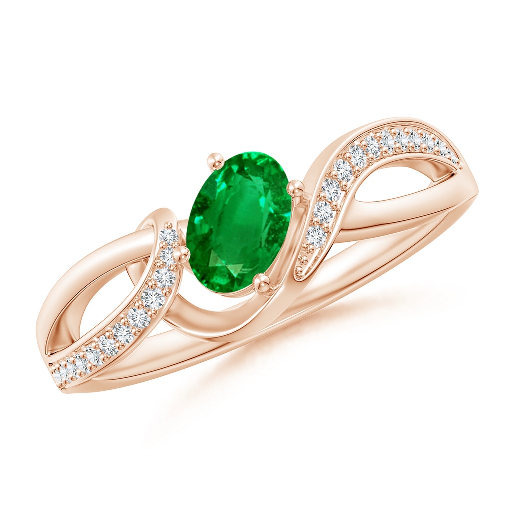 6x4mm AAAA Solitaire Oval Emerald Twisted Ribbon Ring with Pavé Diamond Accents in Rose Gold