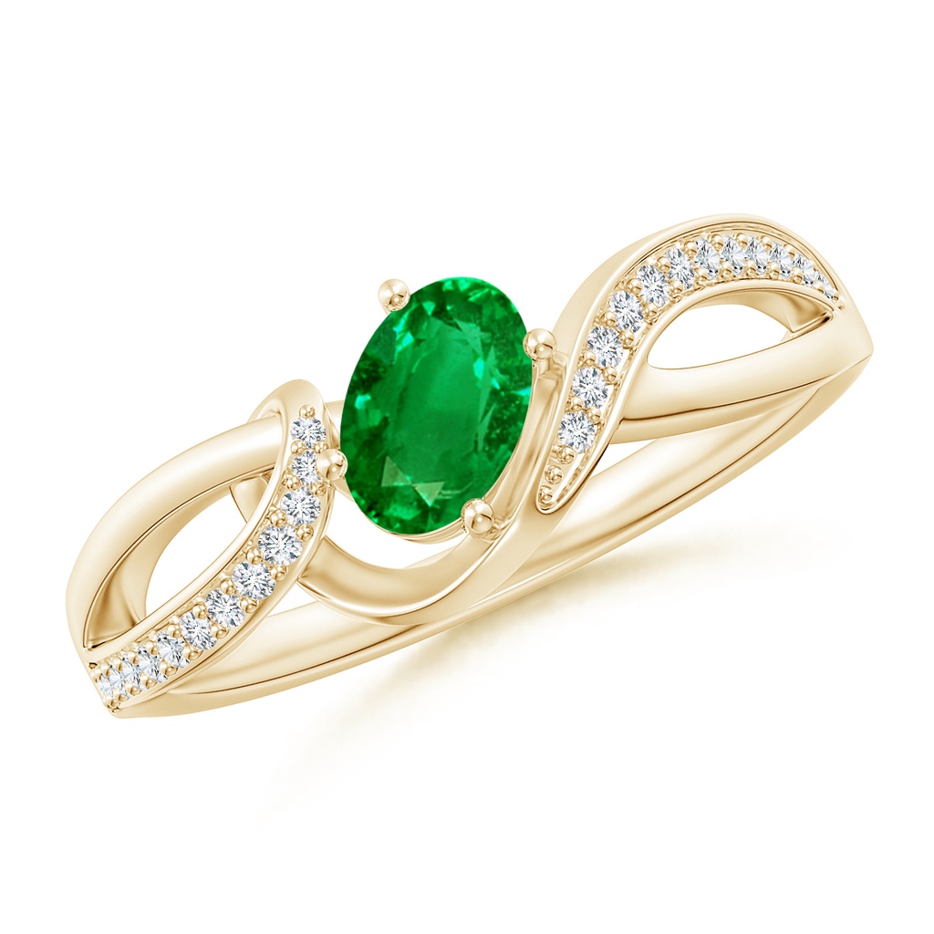 6x4mm AAAA Solitaire Oval Emerald Twisted Ribbon Ring with Pavé Diamond Accents in Yellow Gold