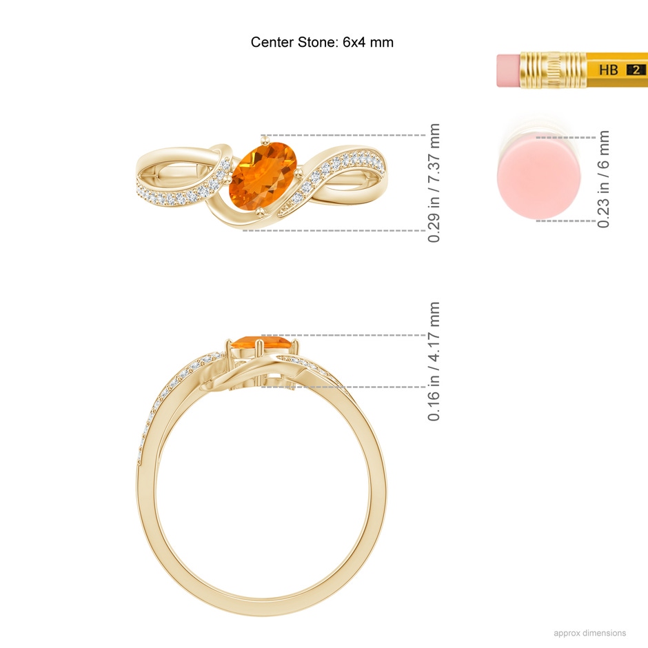 6x4mm AA Tilted Oval Fire Opal Ribbon Shank Ring with Diamonds in Yellow Gold ruler
