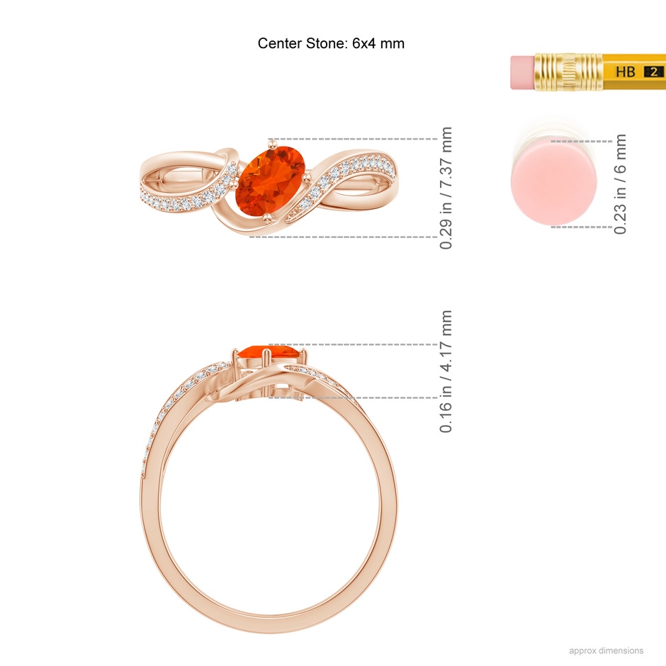 6x4mm AAA Tilted Oval Fire Opal Ribbon Shank Ring with Diamonds in Rose Gold ruler