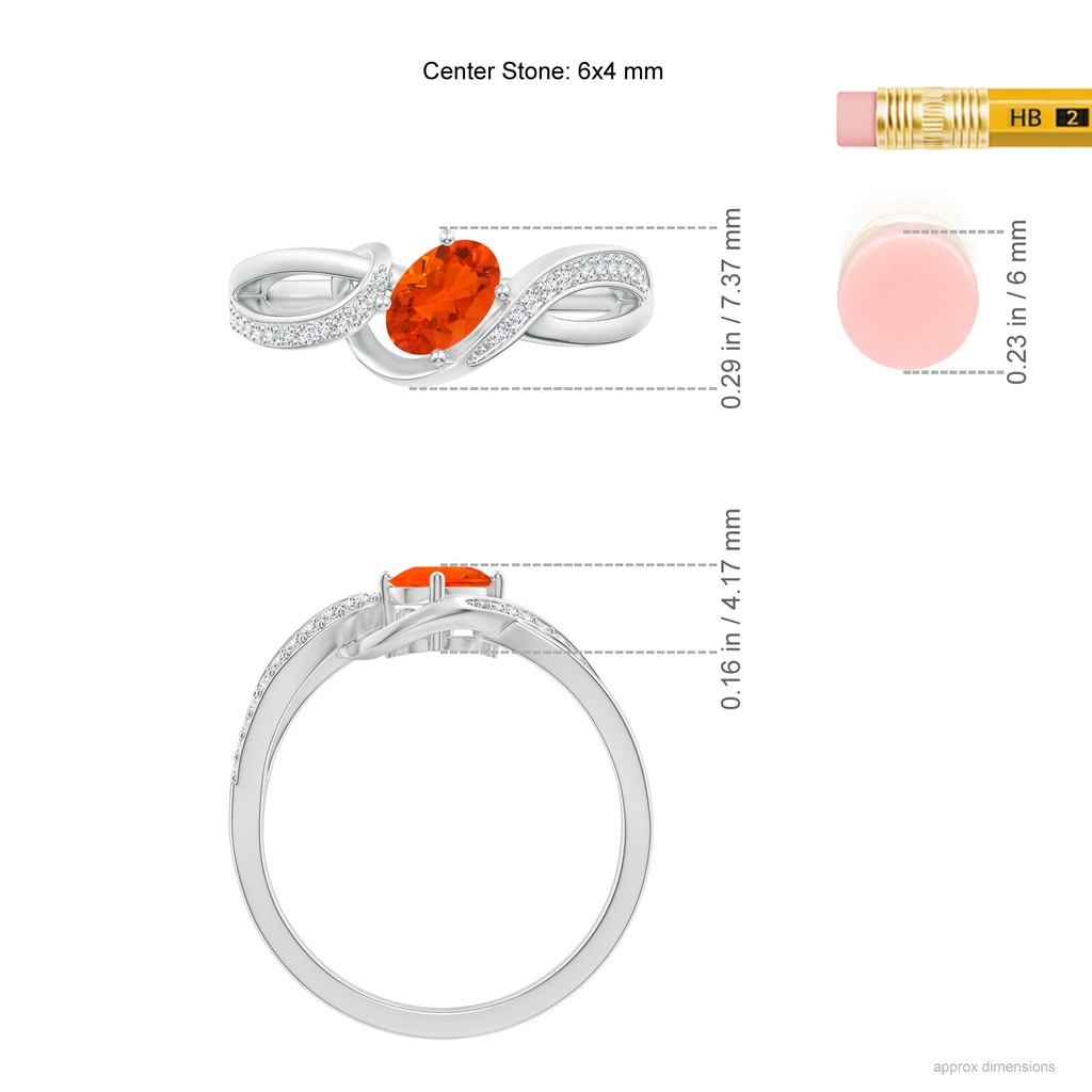 6x4mm AAA Tilted Oval Fire Opal Ribbon Shank Ring with Diamonds in White Gold ruler