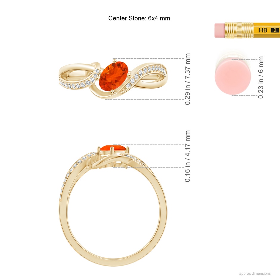 6x4mm AAA Tilted Oval Fire Opal Ribbon Shank Ring with Diamonds in Yellow Gold ruler