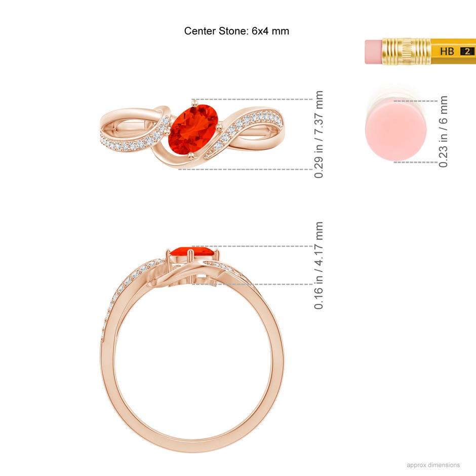 6x4mm AAAA Tilted Oval Fire Opal Ribbon Shank Ring with Diamonds in Rose Gold ruler