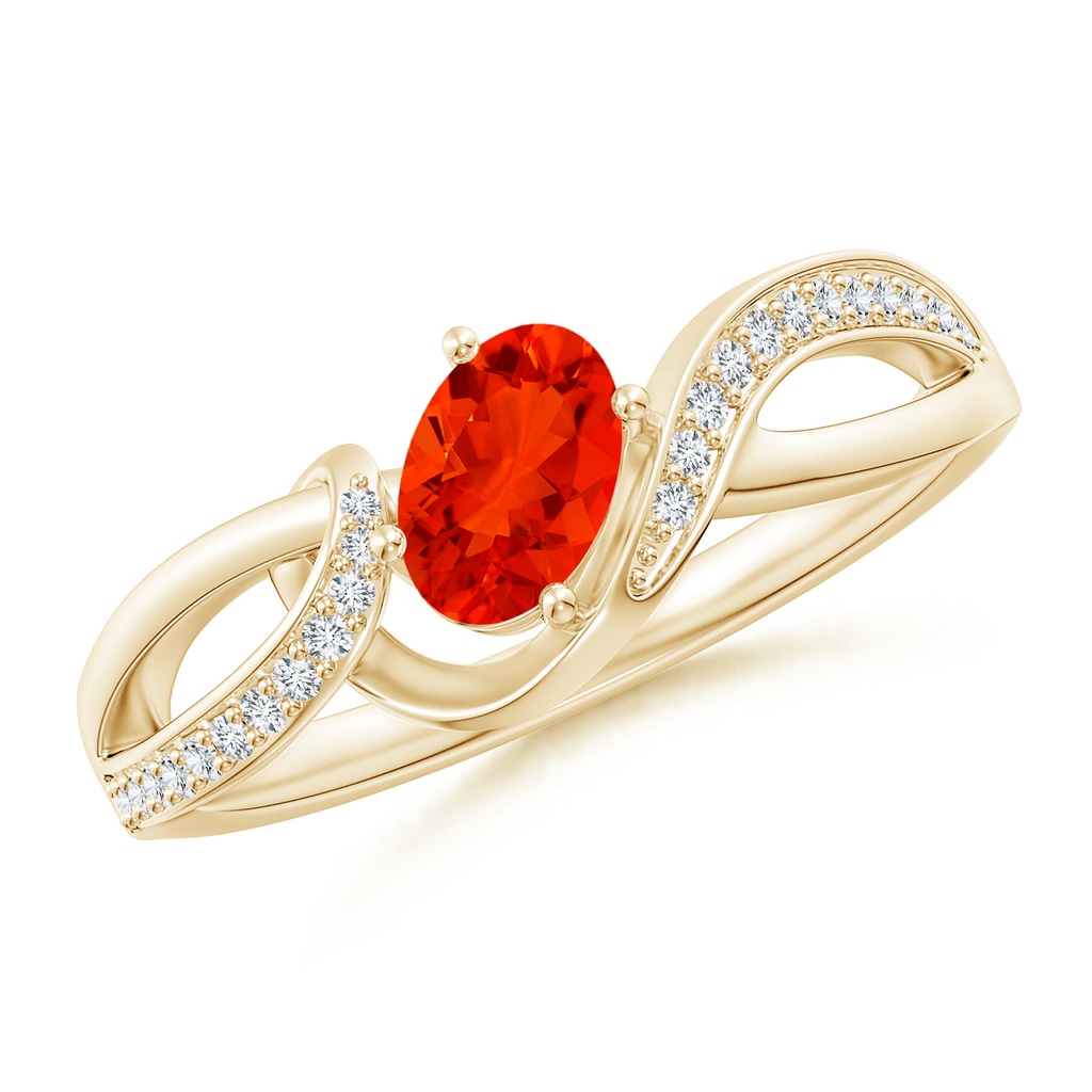 6x4mm AAAA Tilted Oval Fire Opal Ribbon Shank Ring with Diamonds in Yellow Gold