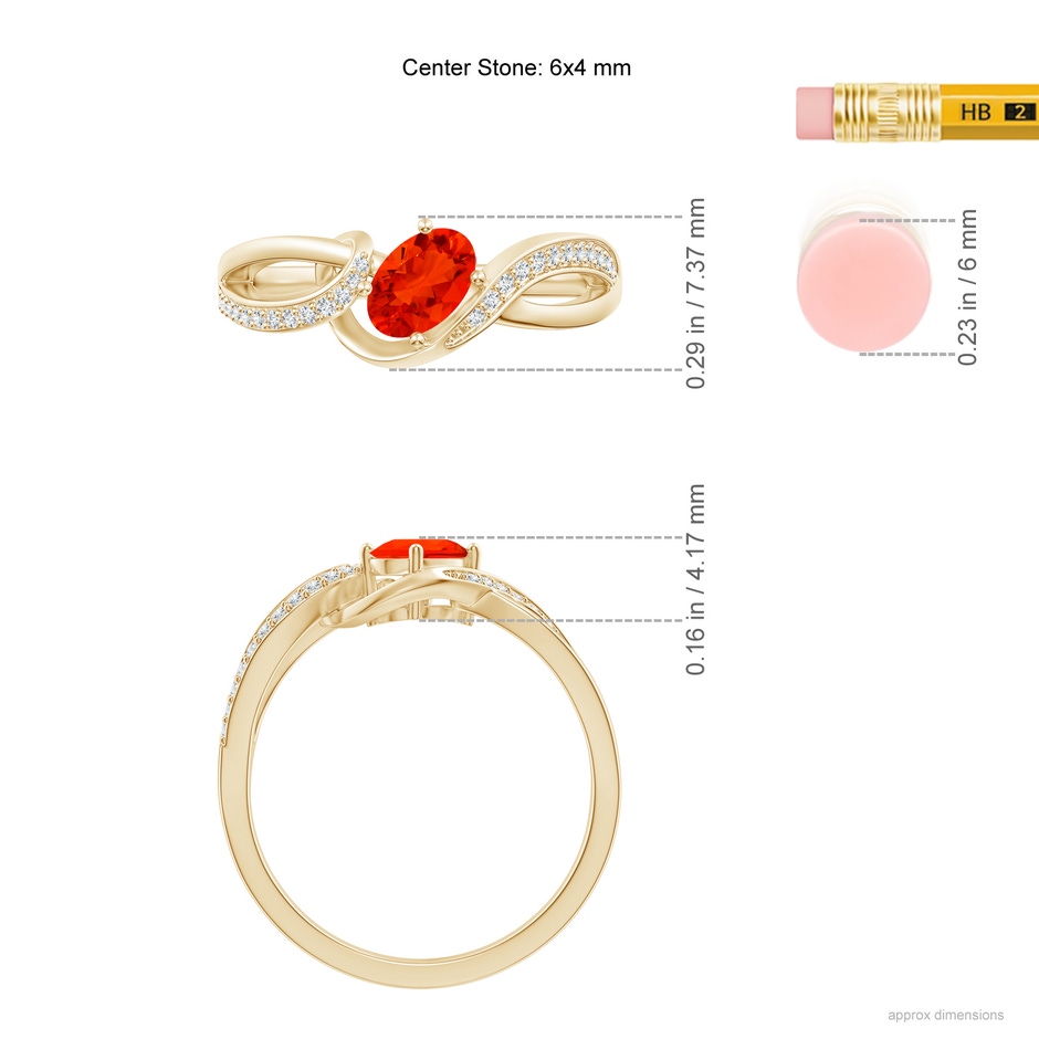 6x4mm AAAA Tilted Oval Fire Opal Ribbon Shank Ring with Diamonds in Yellow Gold ruler