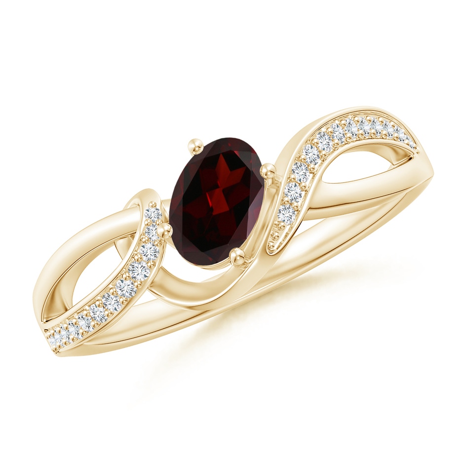 6x4mm A Solitaire Oval Garnet Twisted Ribbon Ring with Pave Diamond Accents in Yellow Gold 