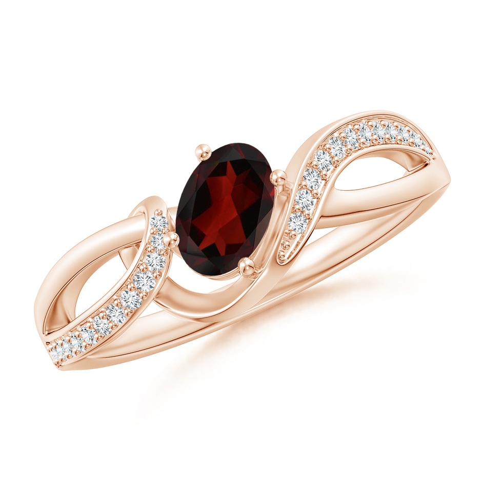 6x4mm AA Solitaire Oval Garnet Twisted Ribbon Ring with Pave Diamond Accents in 18K Rose Gold 