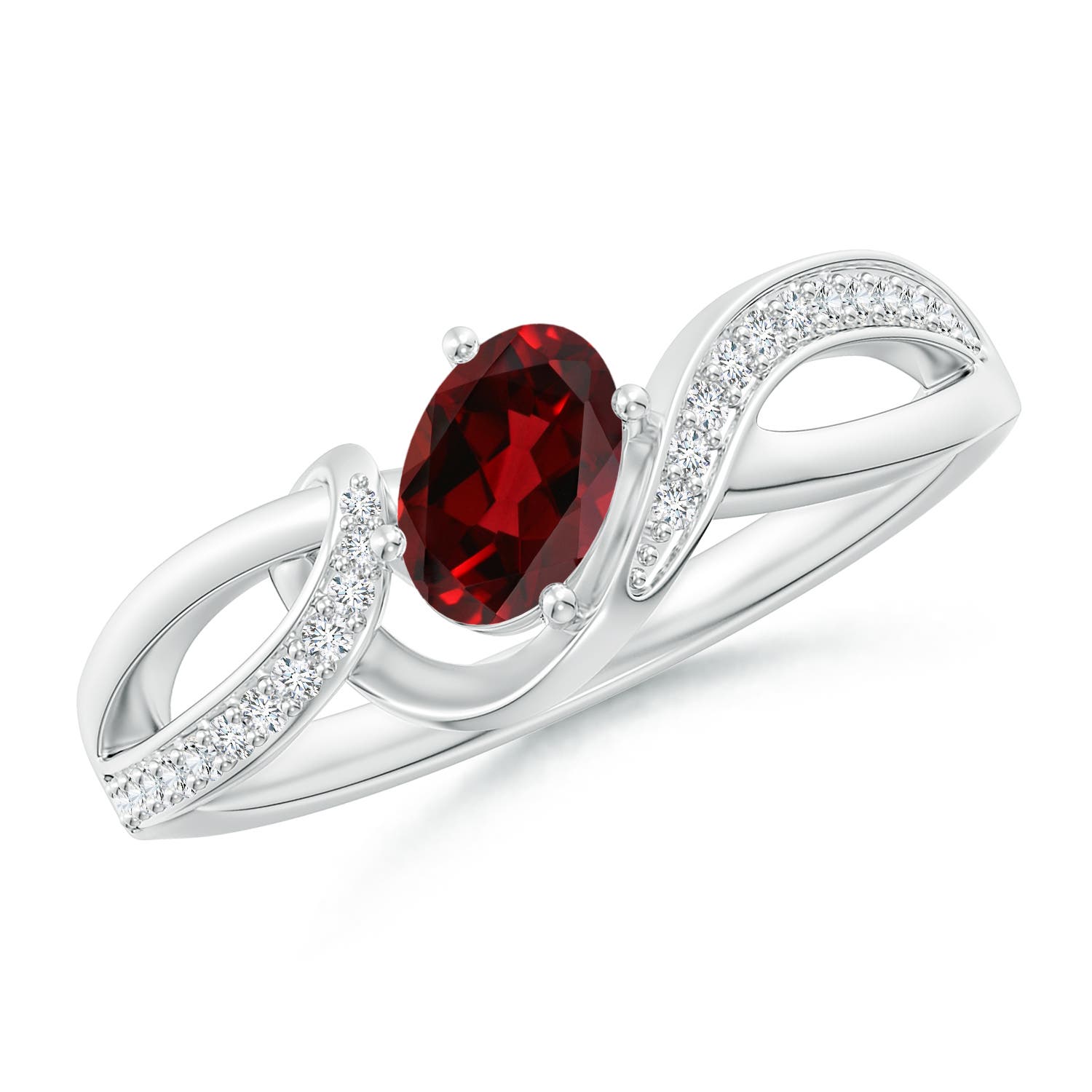 6x4mm AAAA Solitaire Oval Garnet Twisted Ribbon Ring with Pave Diamond Accents in 18CT White Gold