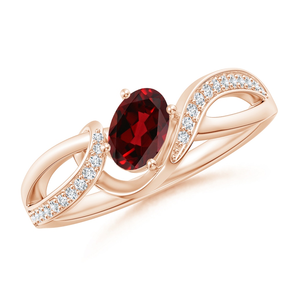 6x4mm AAAA Solitaire Oval Garnet Twisted Ribbon Ring with Pave Diamond Accents in Rose Gold