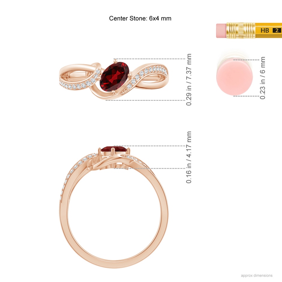 6x4mm AAAA Solitaire Oval Garnet Twisted Ribbon Ring with Pave Diamond Accents in Rose Gold ruler