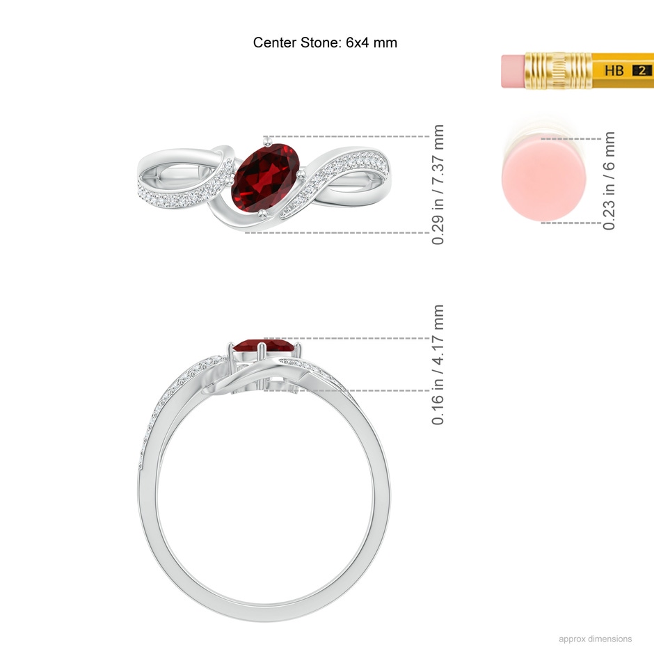 6x4mm AAAA Solitaire Oval Garnet Twisted Ribbon Ring with Pave Diamond Accents in S999 Silver ruler